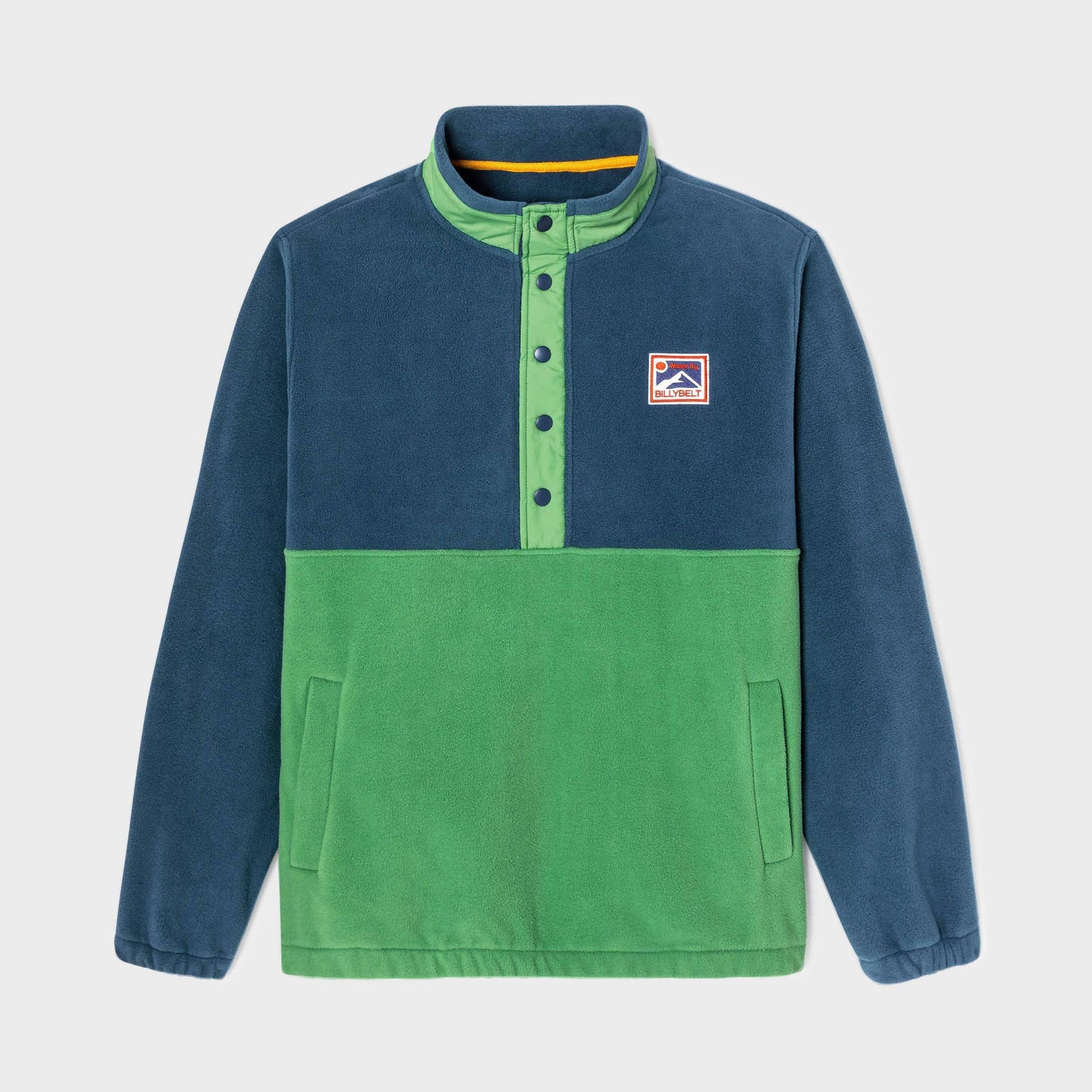 Felpa in pile bicolore blu navy e verde con bottoni