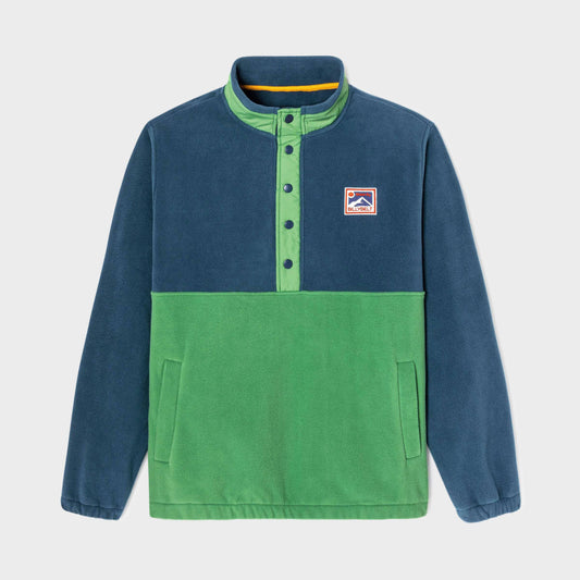 Felpa in pile bicolore blu navy e verde con bottoni