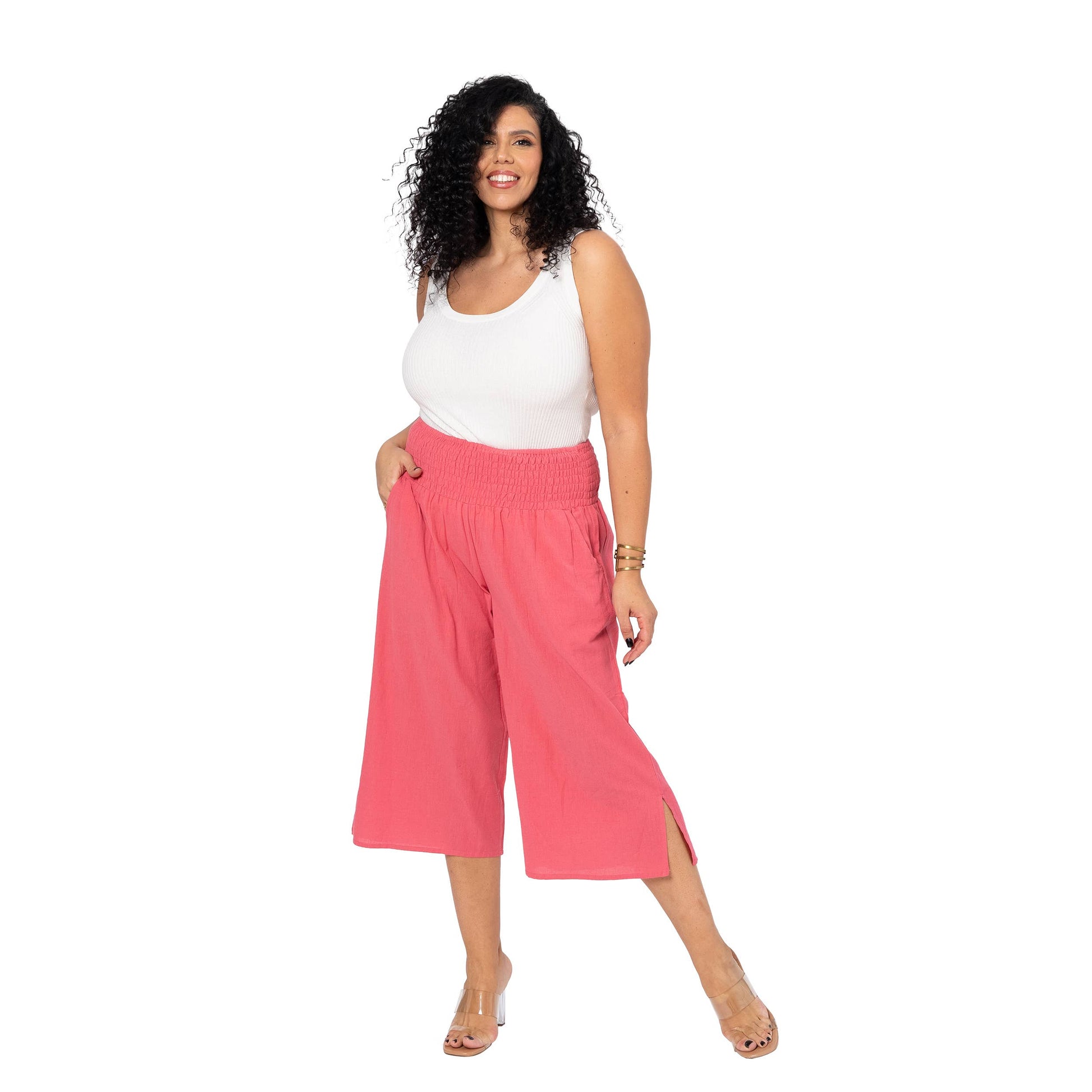 Pantaloni culotte estivi in misto lino plus size da donna rosa