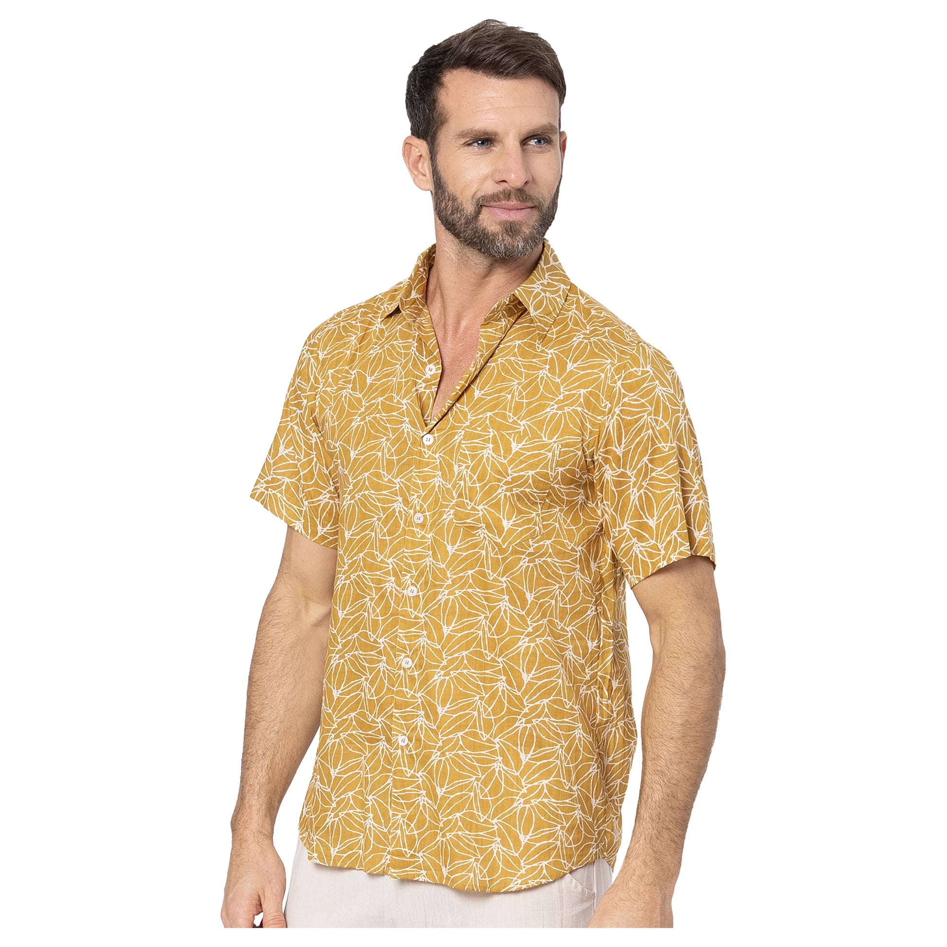 Camicia estiva a manica corta in voile di cotone con stampa foglie