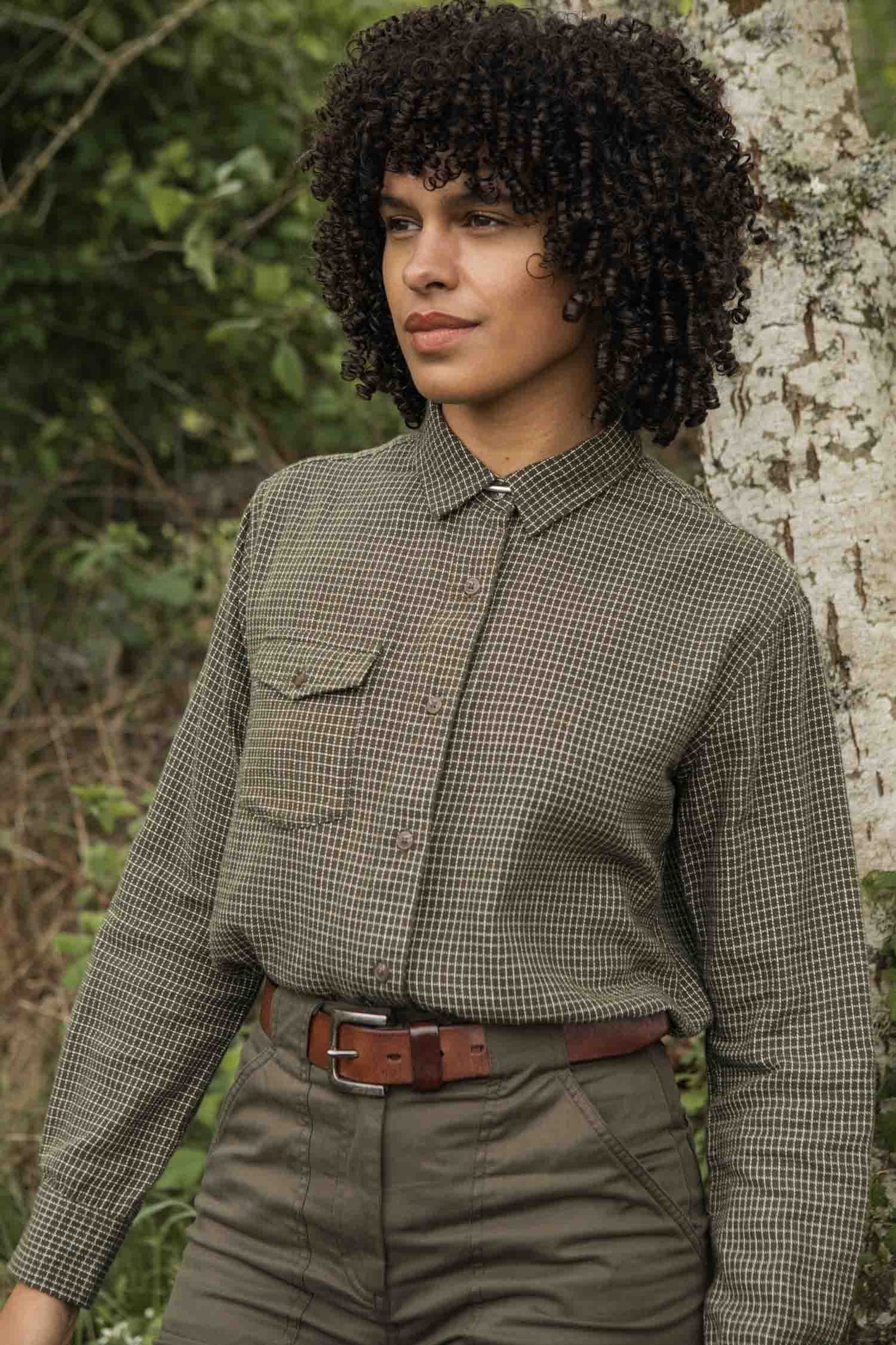 Camicia Bird a quadretti oliva in cotone biologico