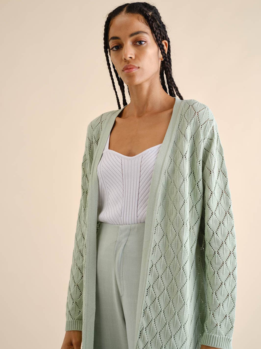 Cardigan midi in maglia traforata
