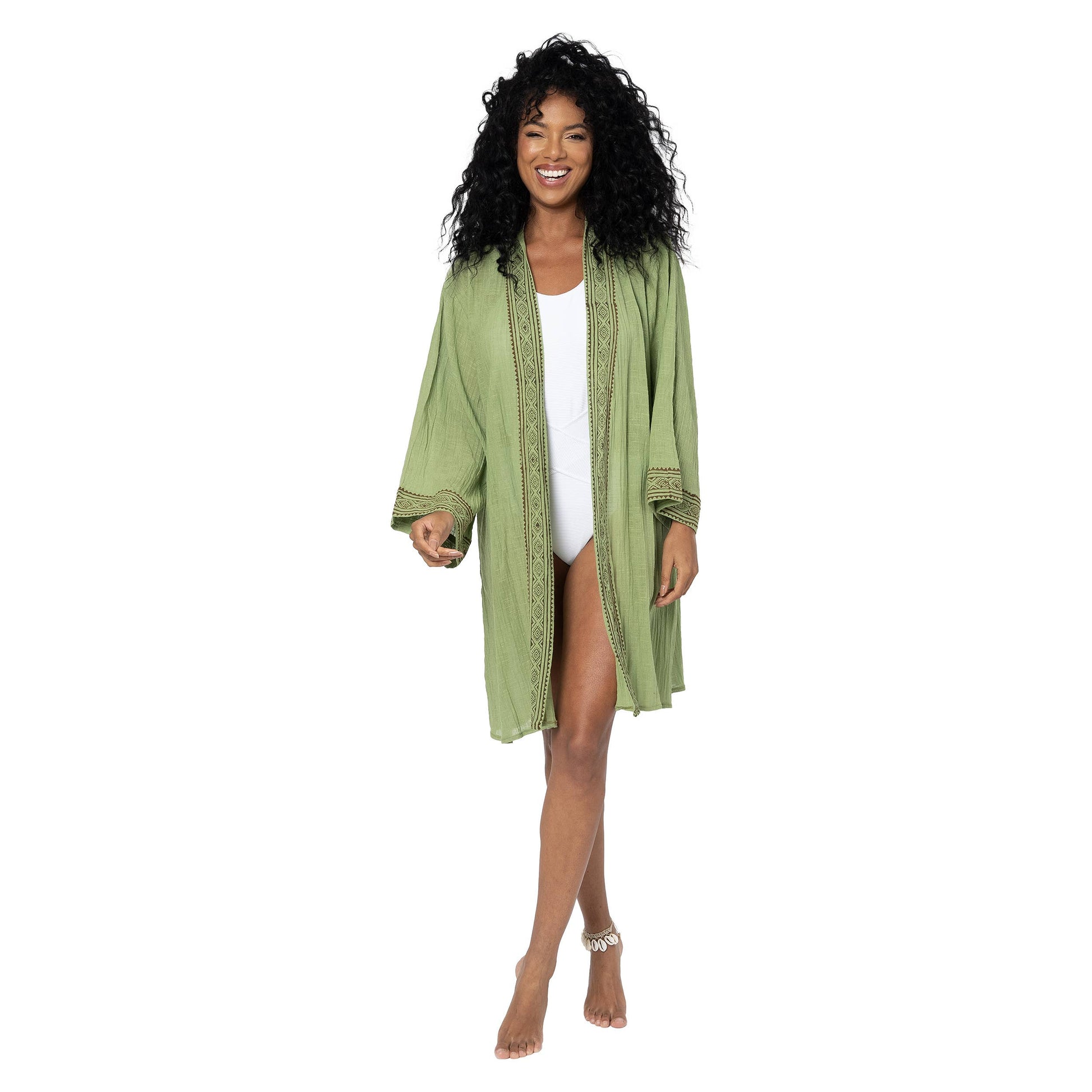 Kimono estivo verde midi in cotone con maniche 3/4 e cintura