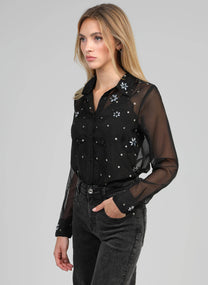 Camicia nera in organza con ricami gioiello