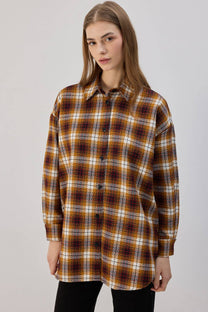 Camicia in tweed a quadri senape