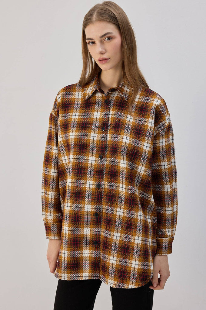 Camicia in tweed a quadri senape