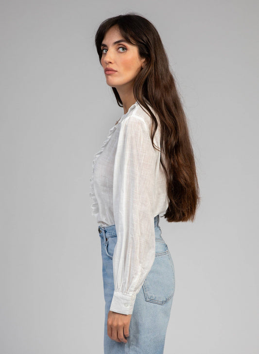 Camicia bianca in voile di cotone con ruches