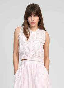 Camicia smanicata a righe corallo con ricamo sangallo