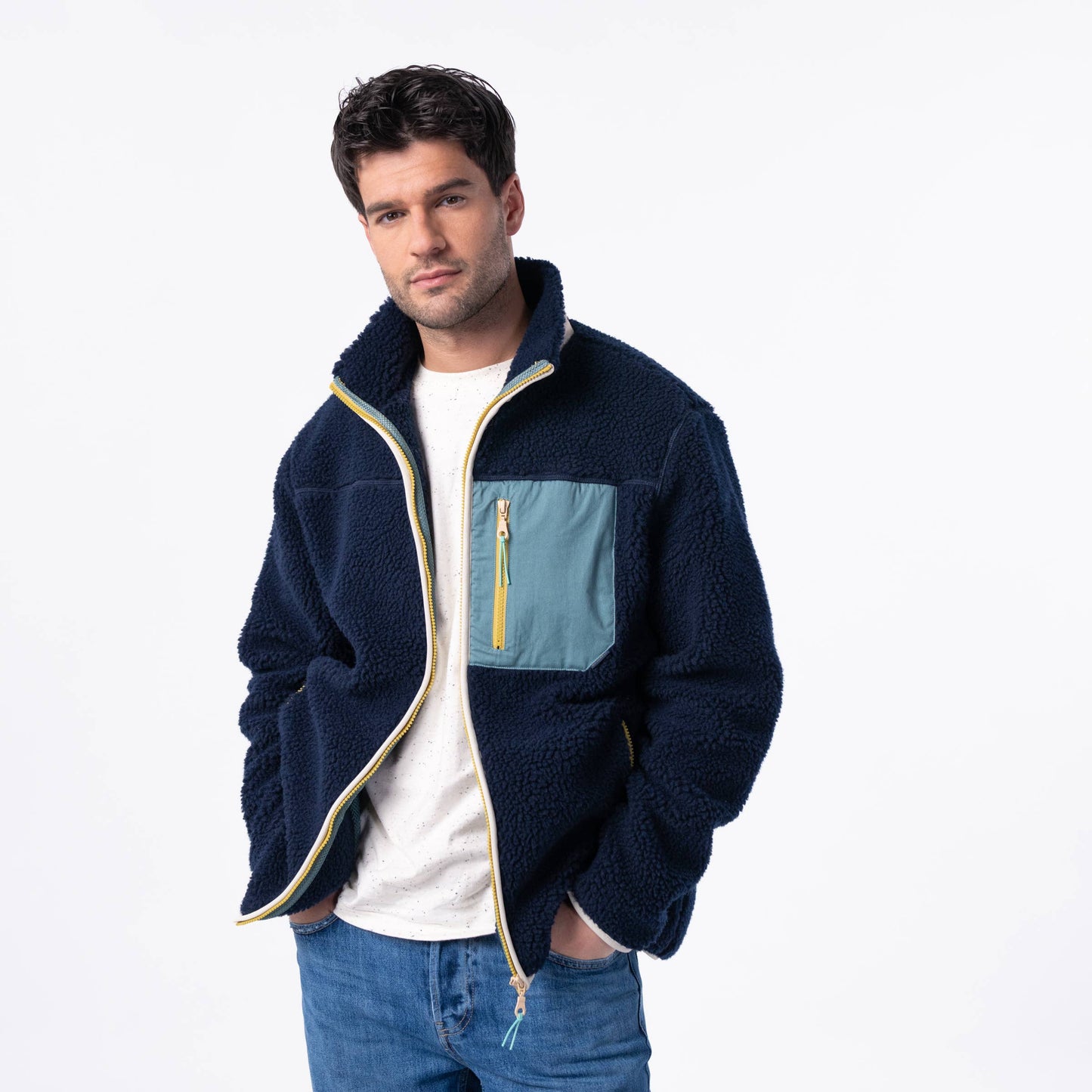 Giacca sherpa unisex con zip bicolore blu navy e verde