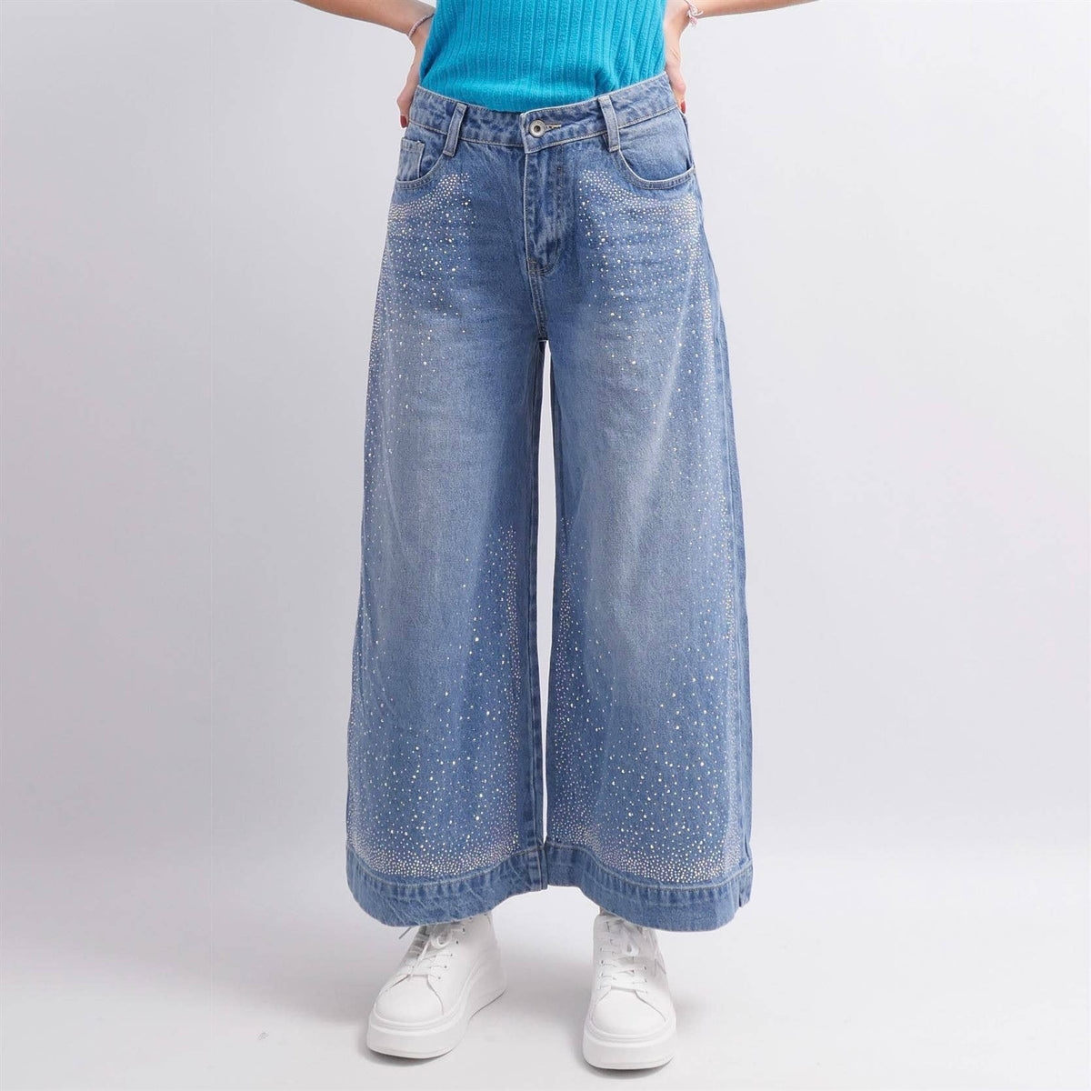Jeans wide leg a vita alta con dettagli in paillettes
