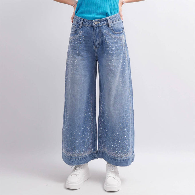 Jeans wide leg a vita alta con dettagli in paillettes