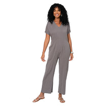 Tuta estiva boho in cotone e lino con zip e cintura rimovibile grigia
