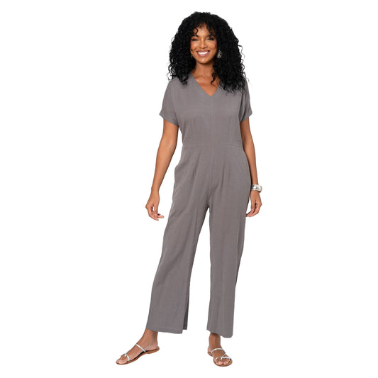Tuta estiva boho in cotone e lino con zip e cintura rimovibile grigia