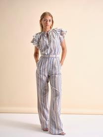 Pantaloni relaxed a righe sottili in cotone e lino