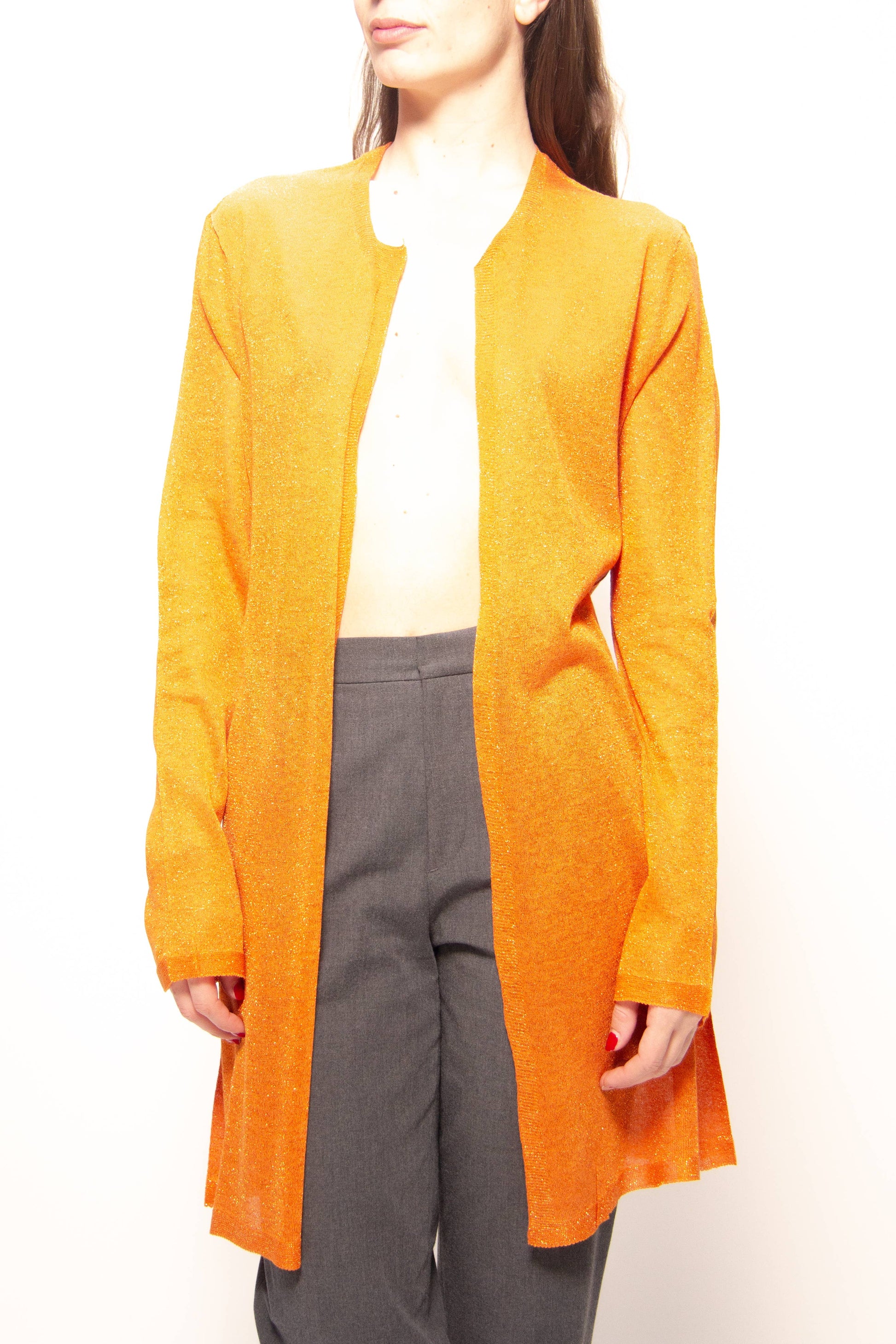 Cardigan lungo in lamé glitterato a maglia 3D