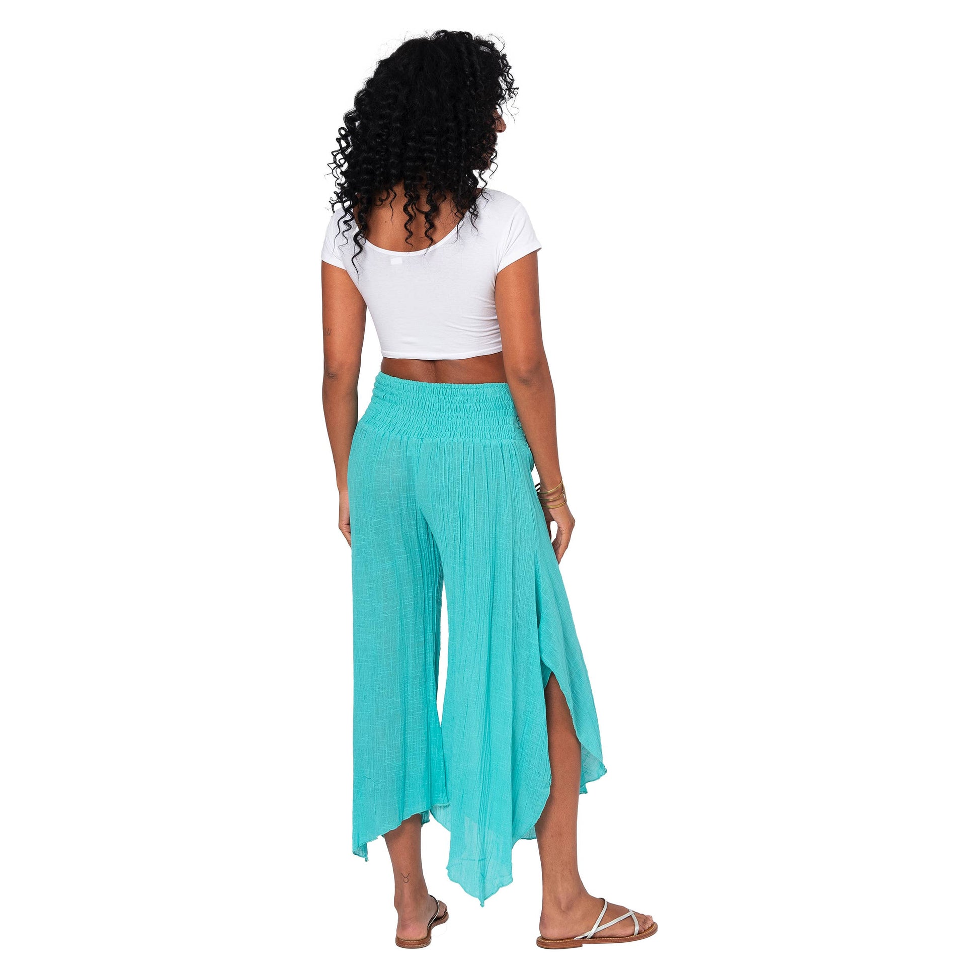 Pantaloni estivi asimmetrici in cotone turchese