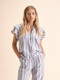 Blusa a righe in cotone e lino con maniche a volant