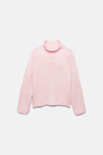 Maglione a trecce con collo alto rosa