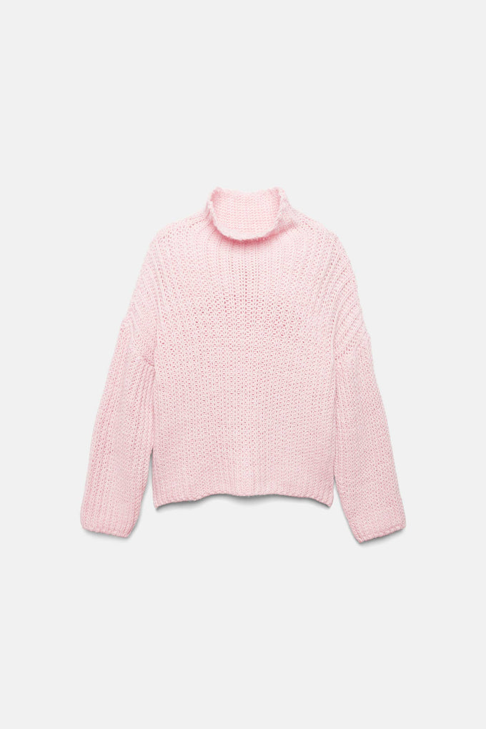 Maglione a trecce con collo alto rosa