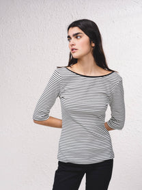 Maglione a righe aderente in cotone a costine