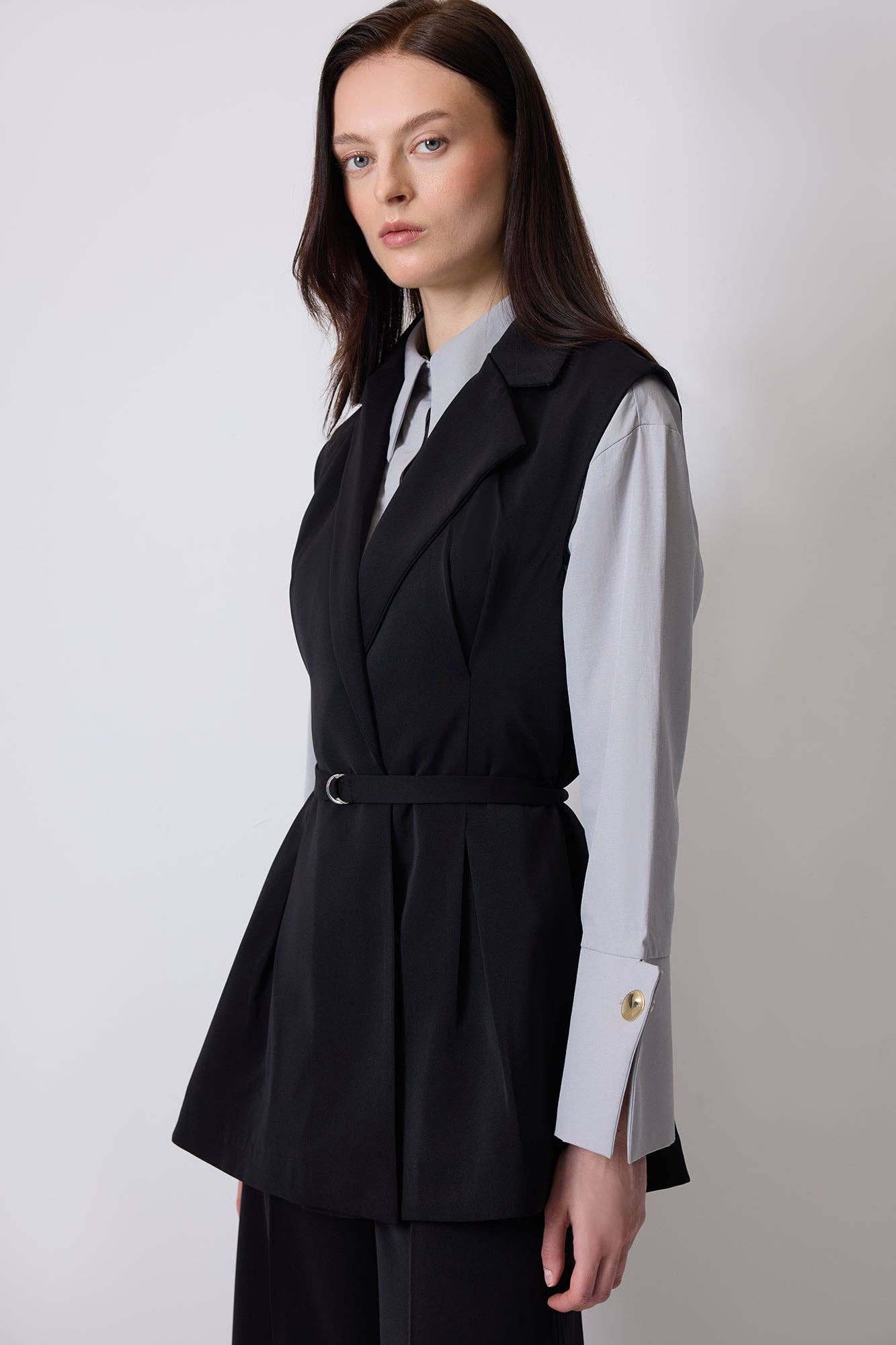 Set gilet doppiopetto con cintura e pantaloni a gamba larga