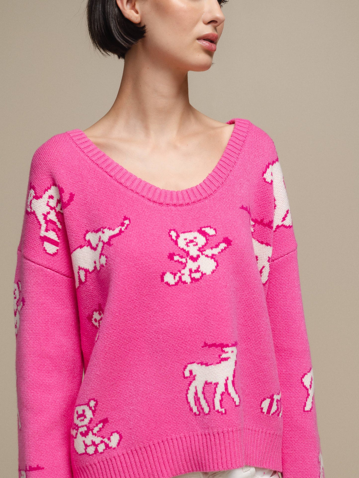 Maglione donna in maglia con fantasia teddy e animali