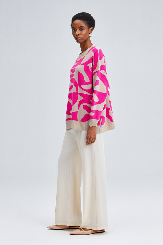 Maglione oversize in maglia con fantasia astratta rosa e beige