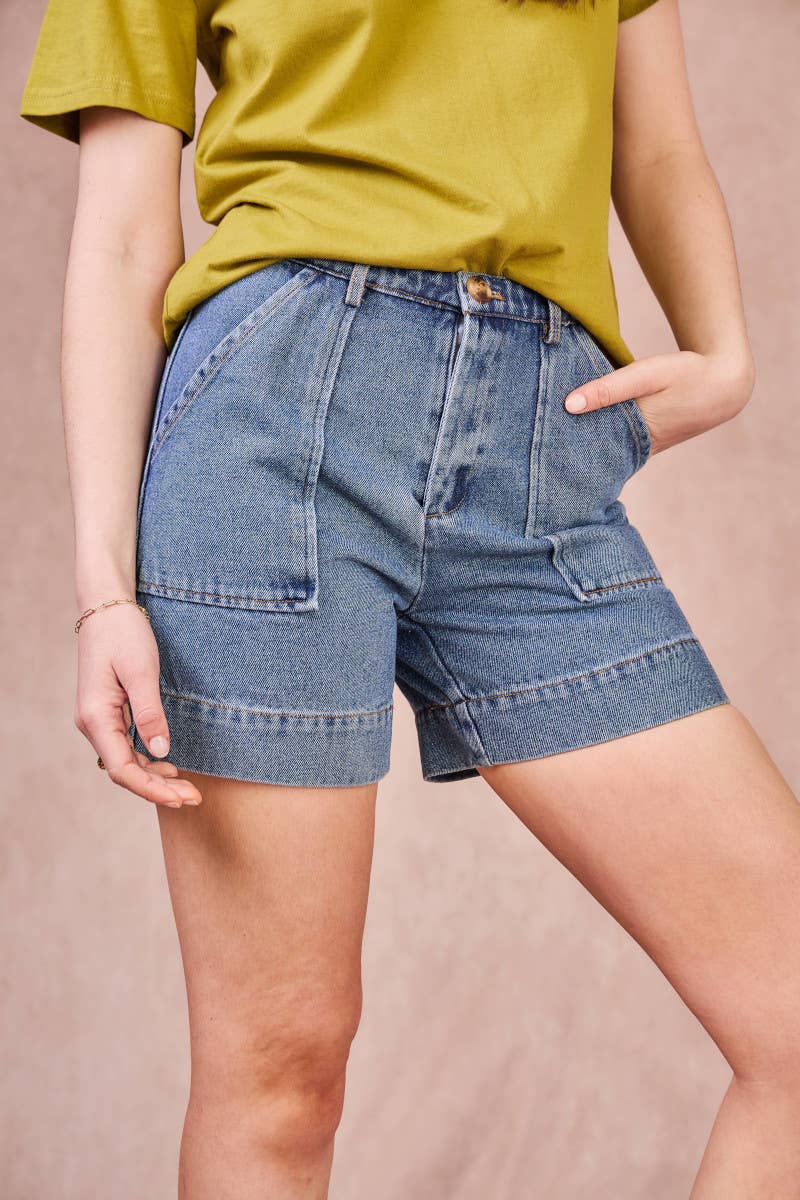 Shorts in denim a vita alta con tasche utility