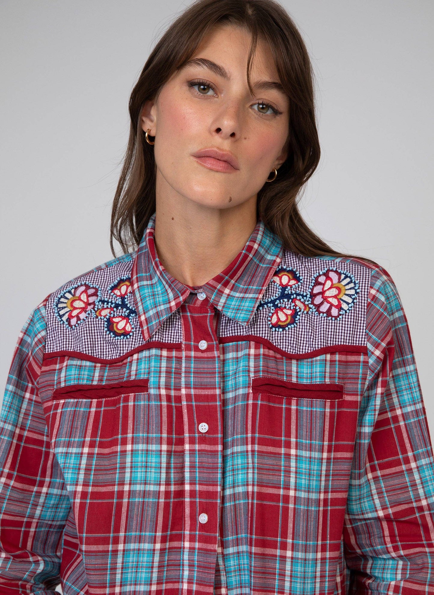 Camicia a quadri western rossa con ricami