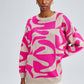 Maglione oversize in maglia con fantasia astratta rosa e beige