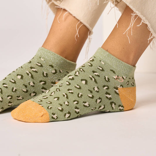 Calzini corti glitter leopardati in cotone pettinato verde chiaro
