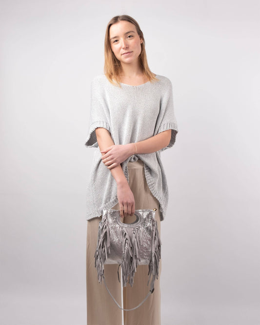 Maglione corto in maglia metallizzata con maniche corte