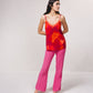 Top stampato con pizzo e scollo a V