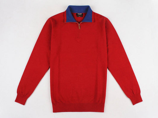 Maglione rosso con zip e colletto a contrasto effetto cashmere