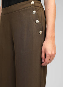 Pantaloni palazzo a vita alta color militare con bottoni dorati