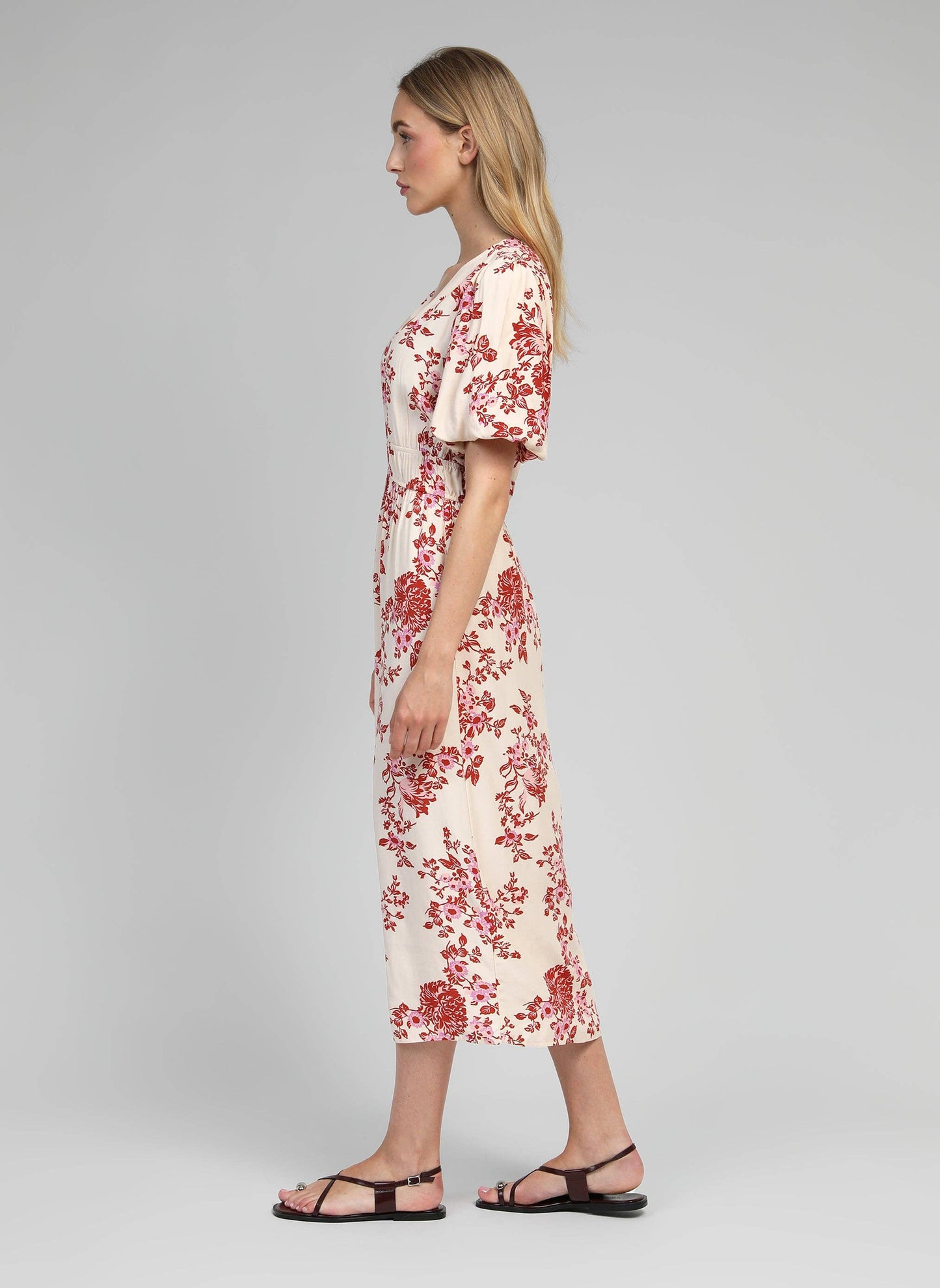 Abito midi Melila rosa con stampa floreale