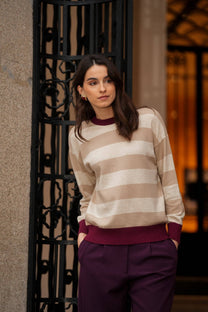 Maglia Siena a righe beige con dettagli bordeaux