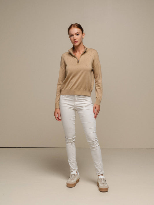 Maglione polo in maglia con zip e micro strass