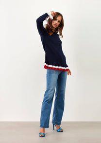 Maglione con balze e nastri a contrasto