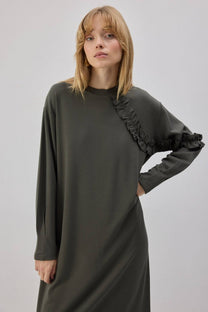 Abito in maglia lungo arricciato color cachi