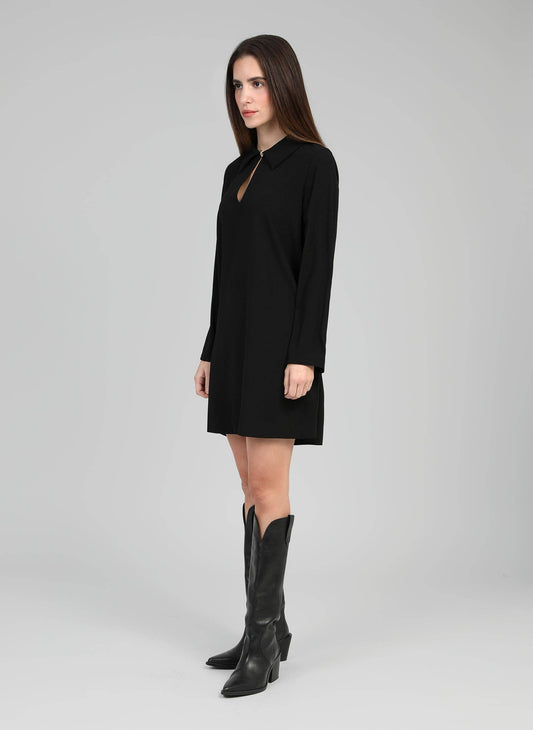 Abito corto nero in crêpe con colletto a camicia