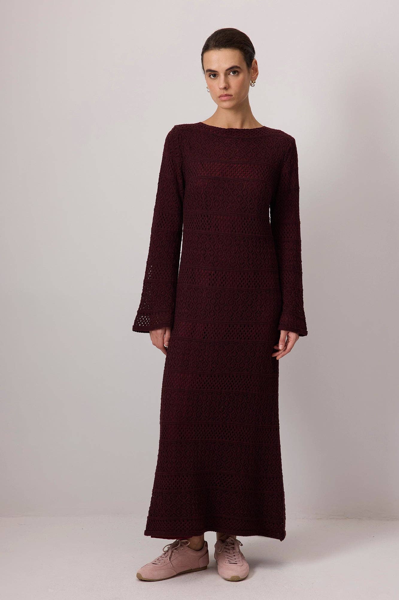 Abito lungo in maglia crochet bordeaux