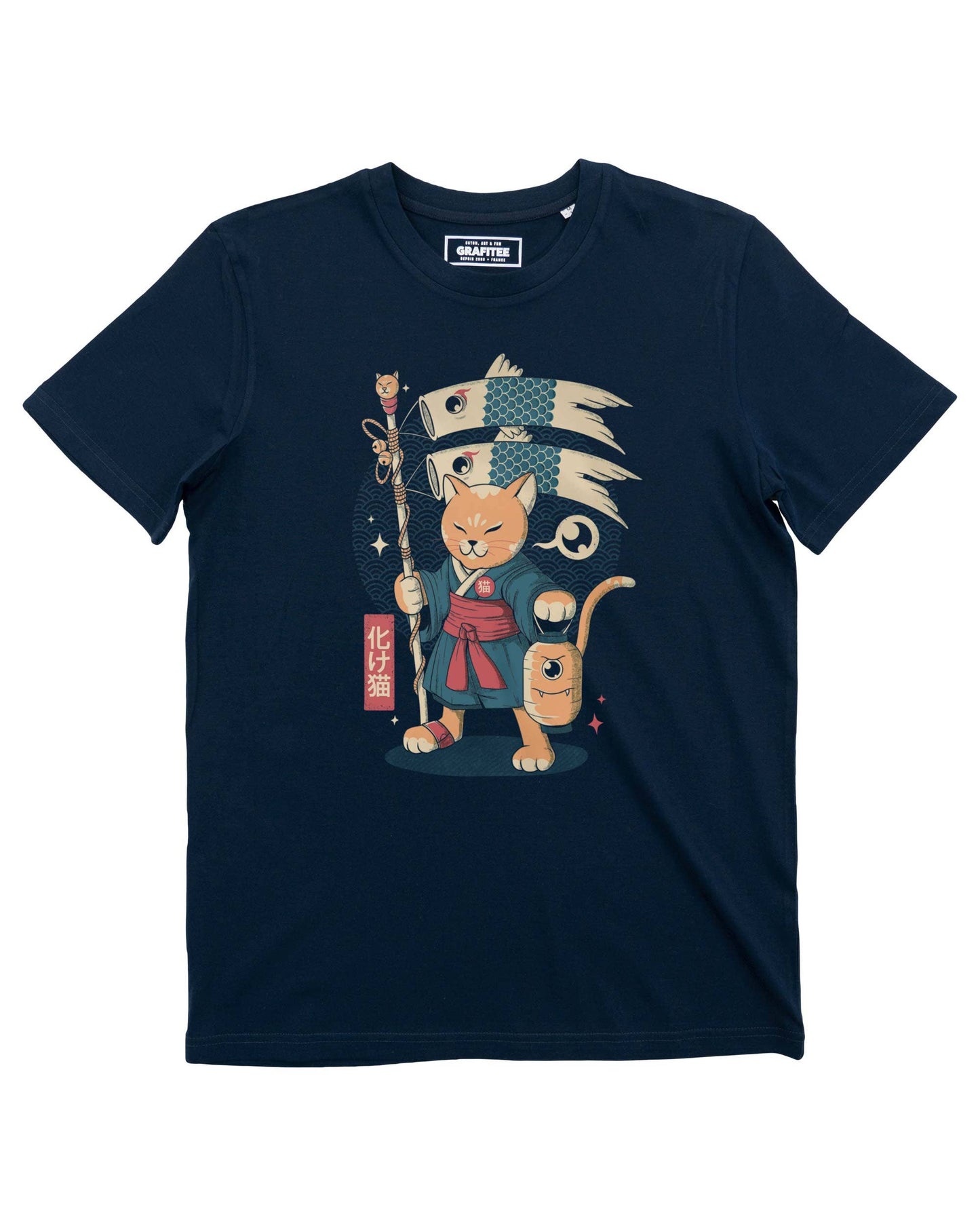 T-shirt unisex blu con stampa gatto giapponese