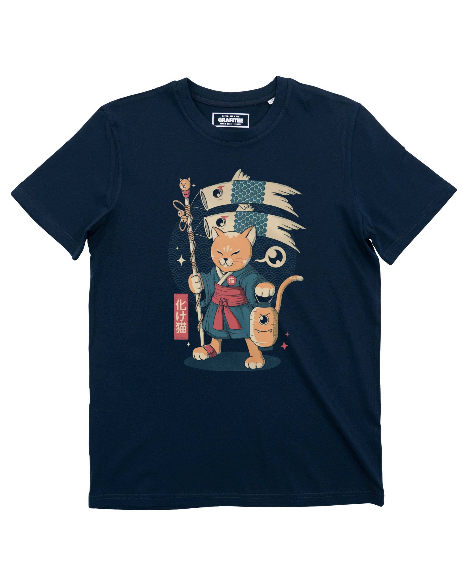 T-shirt unisex blu con stampa gatto giapponese