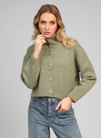 Cardigan in maglia verde tiglio con collo alto