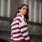 Cardigan a righe bordeaux con scollo a V