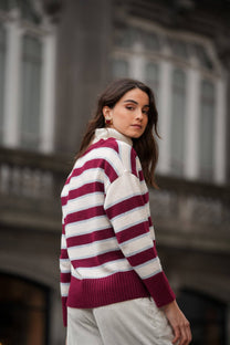 Cardigan a righe bordeaux con scollo a V