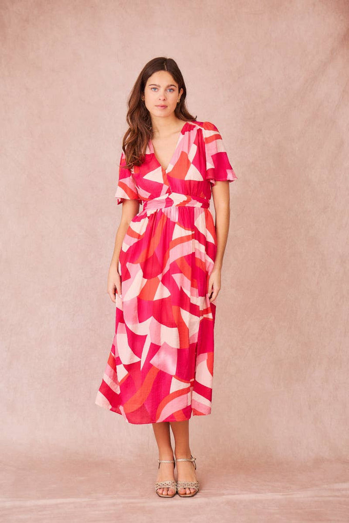 Vestito midi ELIAN con stampa astratta e scollo a V