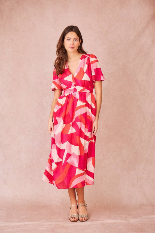 Vestito midi ELIAN con stampa astratta e scollo a V