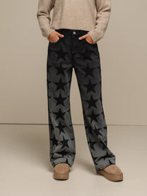 Jeans donna a gamba ampia con stampa stelle